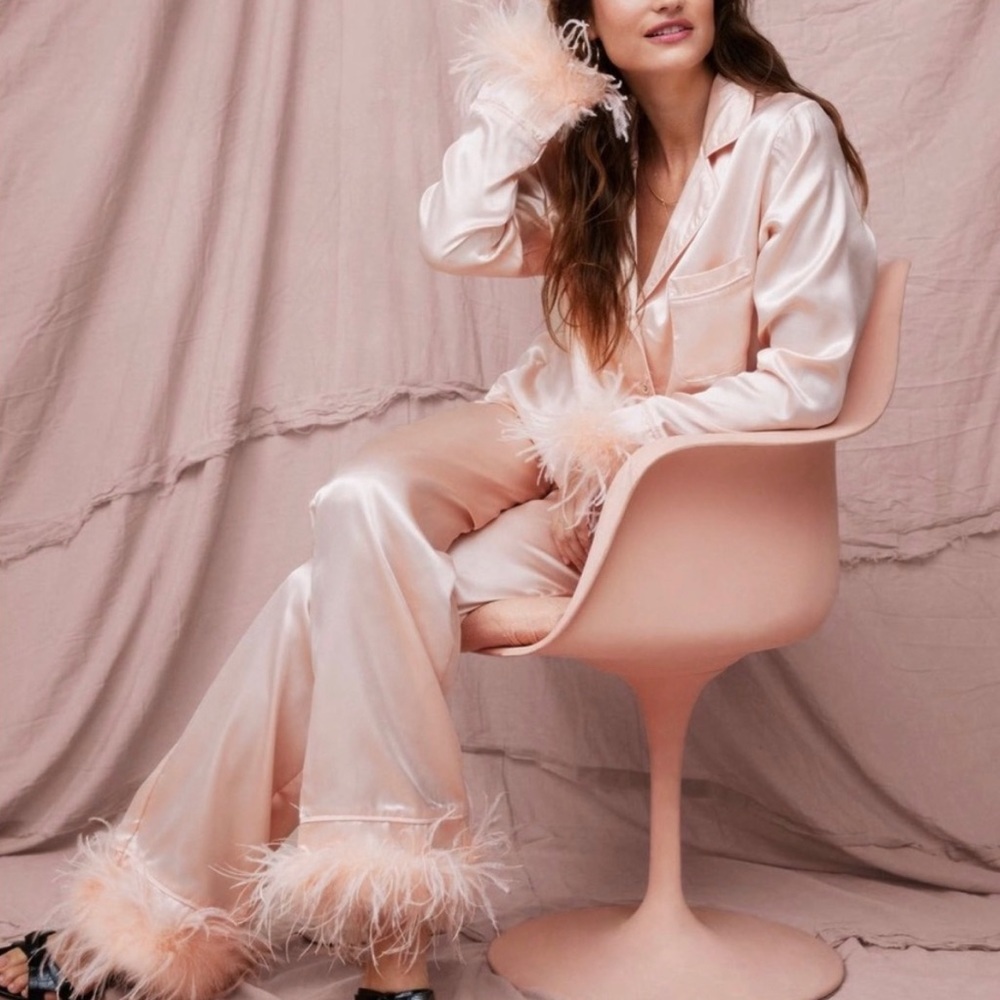 NWT Nasty Gal Pink Satin Feather Pajama Shirt and Pants Set